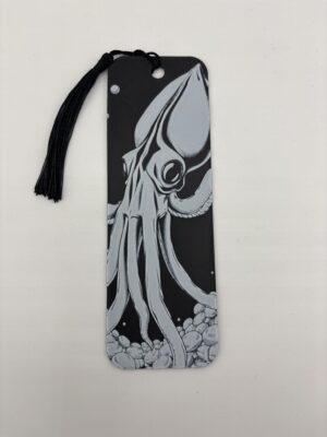 Monochrome 3D printed squid bookmark with detailed tentacles and tassel