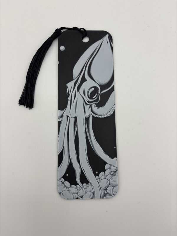 Monochrome 3D printed squid bookmark with detailed tentacles and tassel
