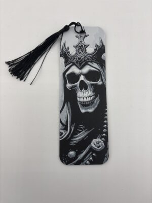 3D printed monochrome gothic crown skull bookmark with tassel