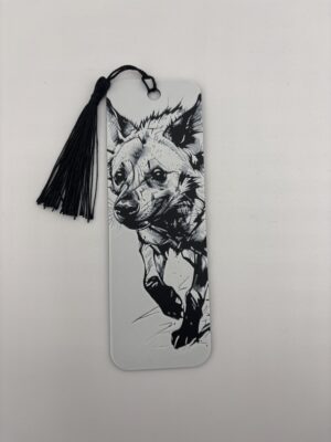 3D printed monochrome hyena bookmark with tassel on white background
