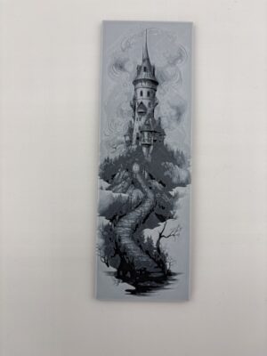 3D printed monochrome gothic castle bookmark with winding path