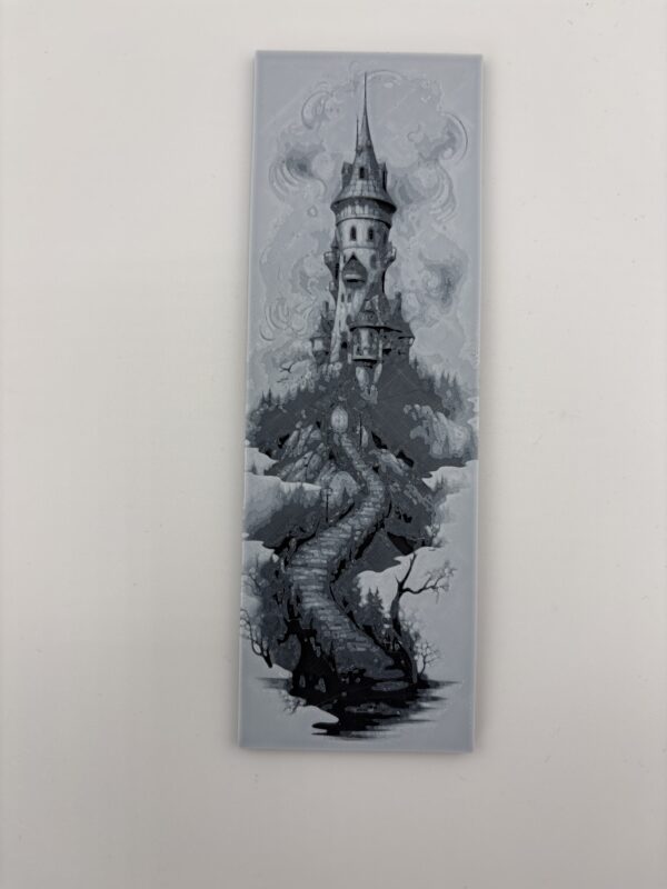 3D printed monochrome gothic castle bookmark with winding path 3D printed monochrome gothic castle bookmark with winding path