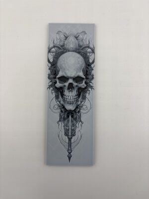 3D printed monochrome gothic skull bookmark with ornate symmetrical design