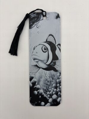 3D printed monochrome clownfish bookmark with decorative tassel on white background