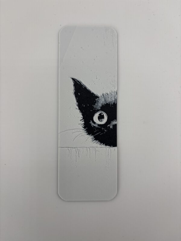 3D printed minimalist peeking cat bookmark in black and white