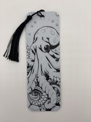 3D printed monochrome octopus bookmark on white background