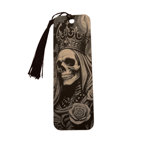 3D printed crowned skull bookmark with rose and tassel