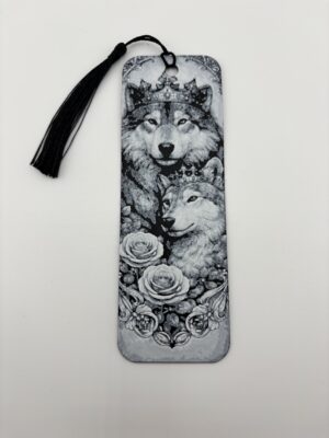 Monochrome layered 3D printed wolf bookmark featuring crowned wolf design with decorative tassel