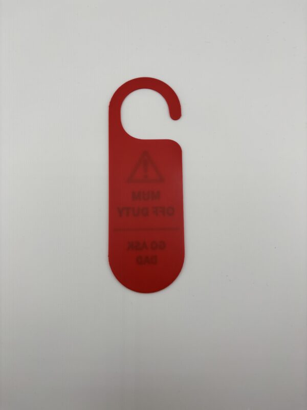 Back of red 3D printed door hanger showing reversed design