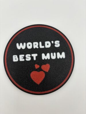3D printed World’s Best Mum drink coaster with red hearts