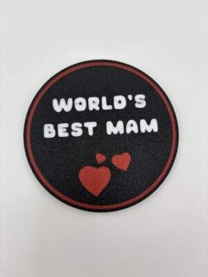 3D printed World’s Best Mam drink coaster with red hearts