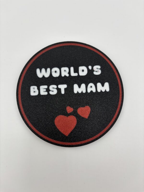 3D printed World’s Best Mam drink coaster with red hearts