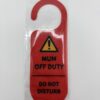 Red mum off duty do not disturb door hanger in protective packaging