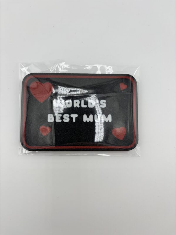 World’s Best Mom fridge magnet packaged in protective sleeve