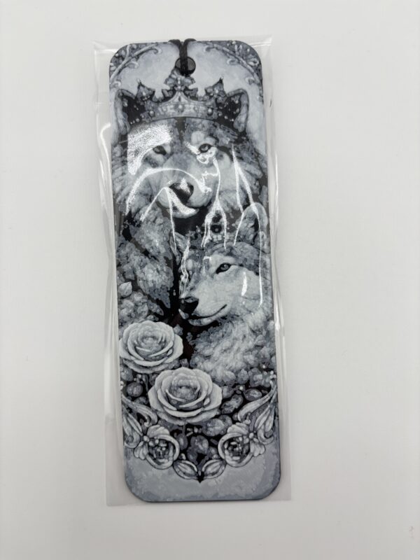 3D printed royal wolf bookmark packaged in protective sleeve showing detailed monochrome wolf artwork