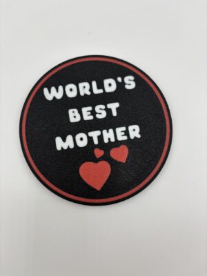 3D printed World’s Best Mother drink coaster with red hearts