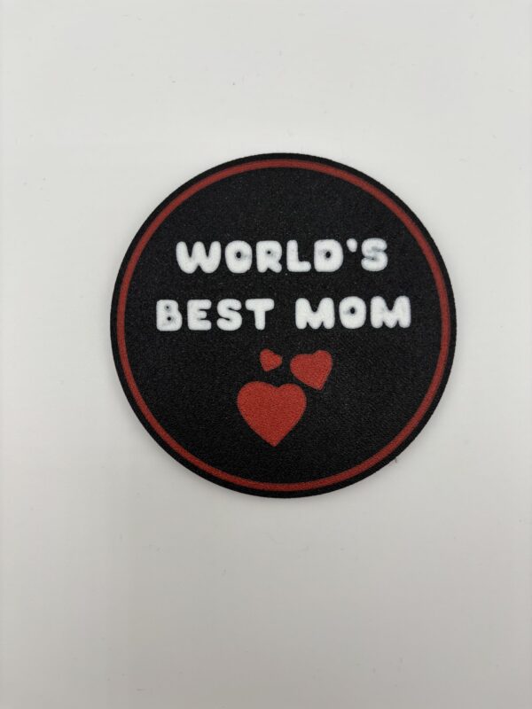 3D printed World’s Best Mom drink coaster with red hearts